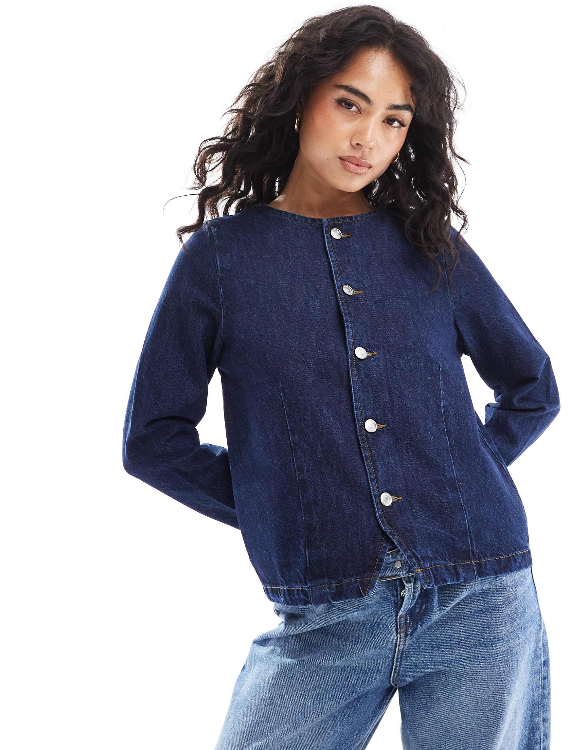 asos design button up long sleeve jacket in indigo