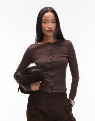 Asos Design Button Up Long Sleeve Top In Brown
