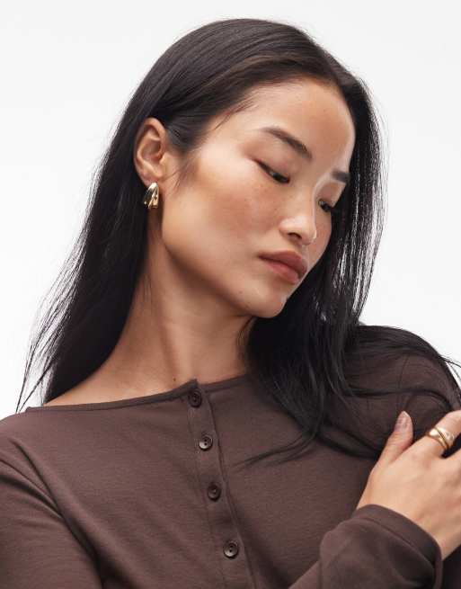 ASOS DESIGN button up long sleeve top in chocolate brown, 3 of 4
