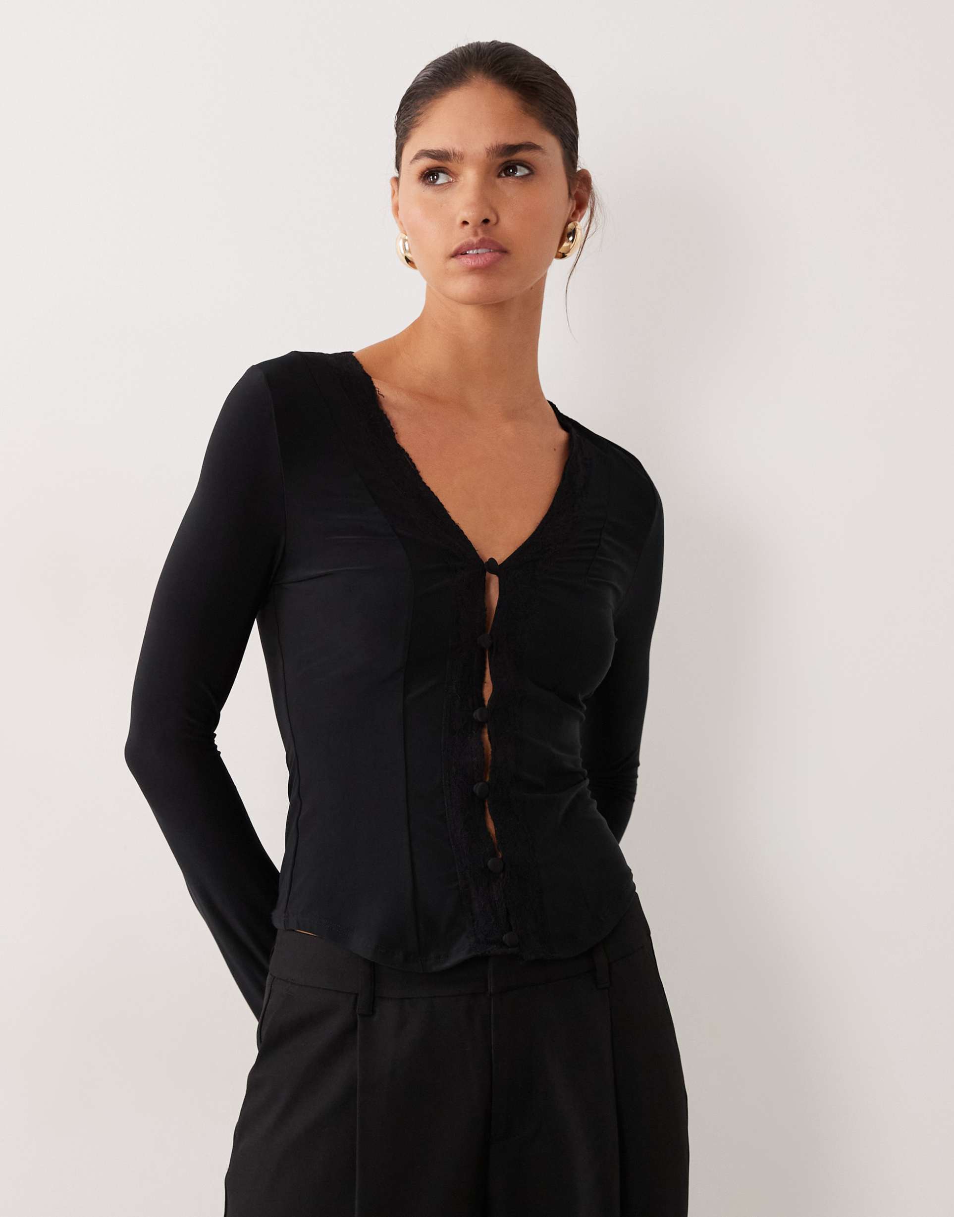 asos design button up long sleeve top with lace trim detailing in black