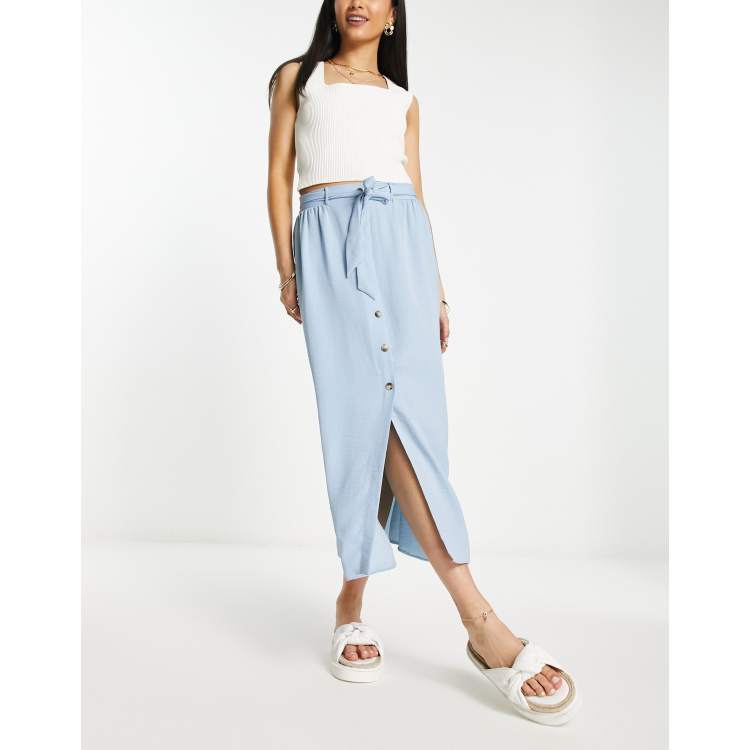 ASOS DESIGN button up midi skirt with tie waist in blue ASOS