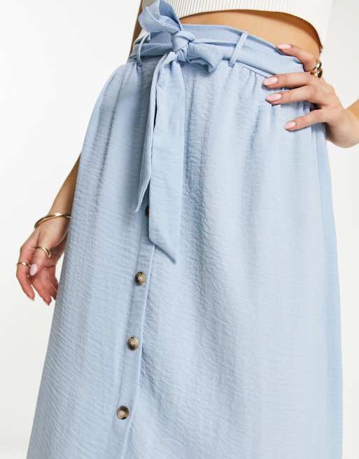 ASOS DESIGN button up midi skirt with tie waist in blue ASOS