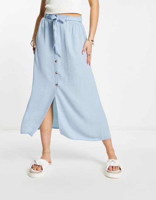 ASOS DESIGN button up midi skirt with tie waist in blue ASOS