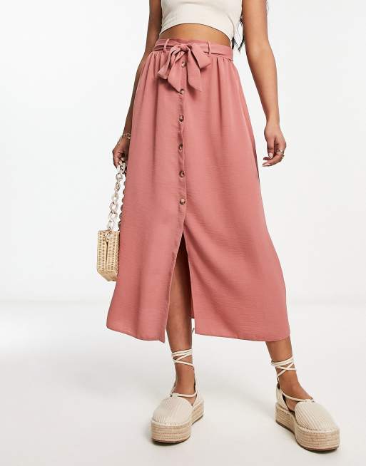 ASOS DESIGN button up midi skirt with tie waist in pink ASOS