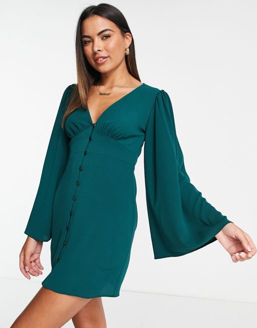 ASOS DESIGN button up mini dress with 70s sleeves in bottle green | ASOS