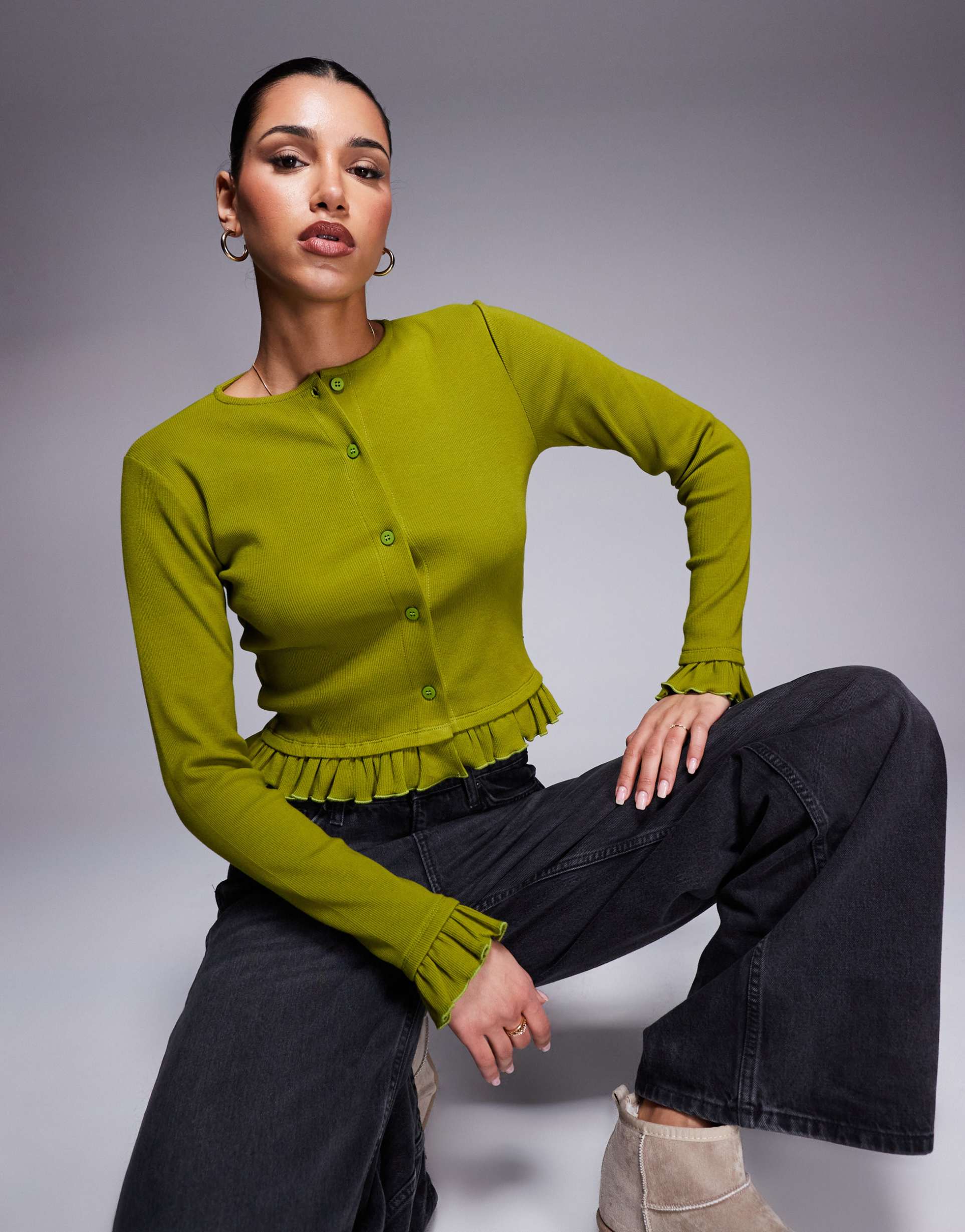 asos design button up mini ribbed top with mini frill detail in olive green