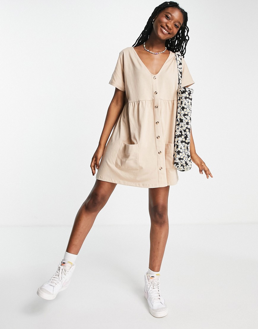 ASOS DESIGN button up mini smock dress with pockets in camel-Brown