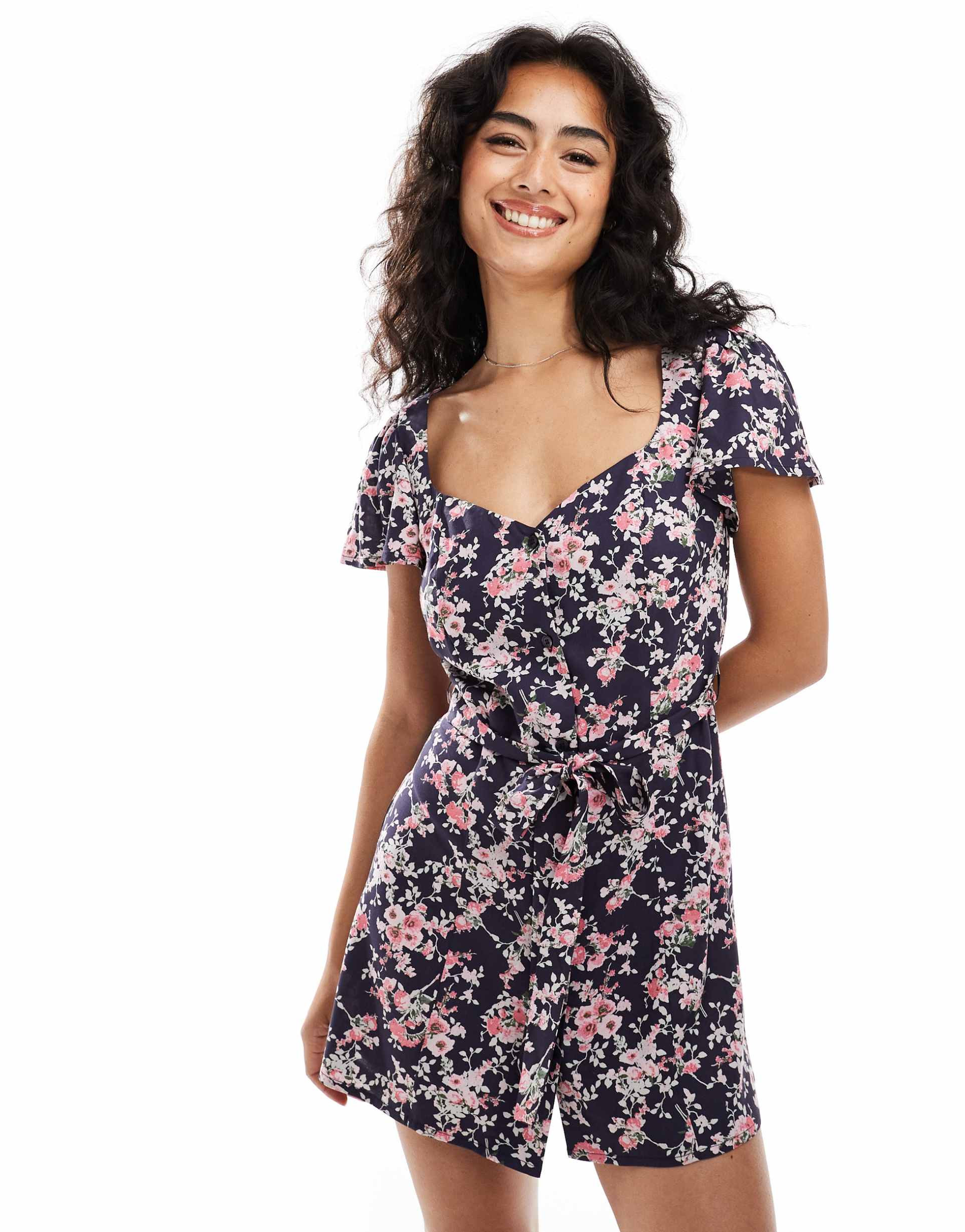 asos design button up mini tee dress with tie back in navy rose print