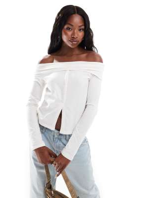 Asos Design Button Up Off The Shoulder Top In Ivory-white