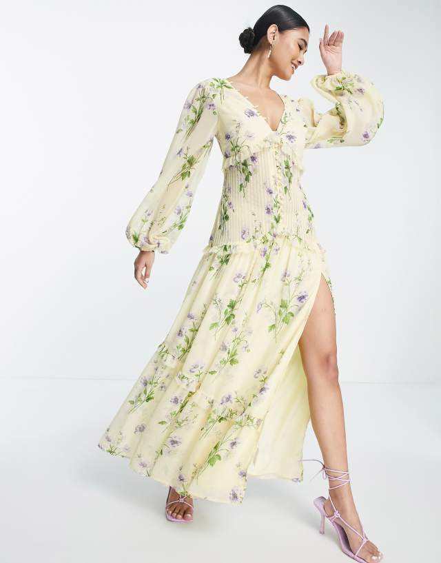 ASOS DESIGN button up pintuck maxi dress in yellow floral print