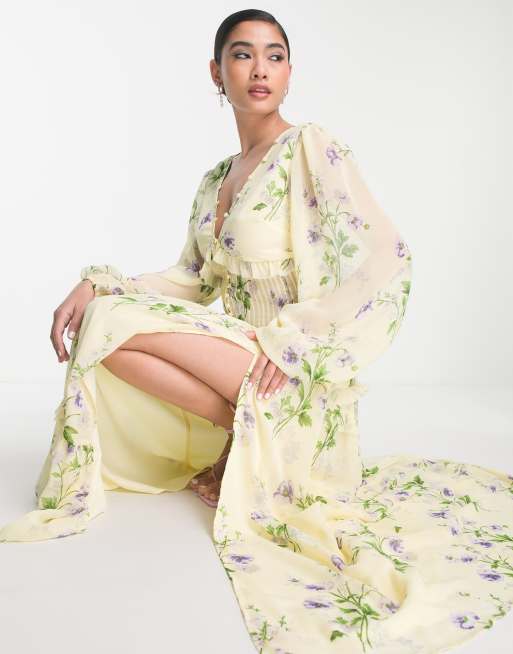 ASOS DESIGN button up pintuck maxi dress in yellow floral print