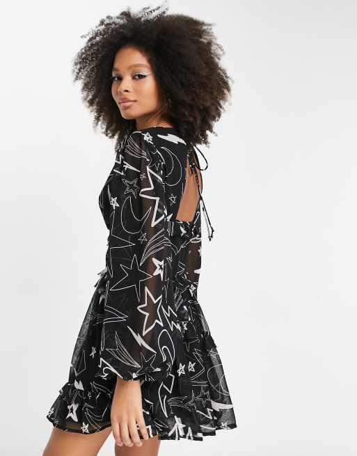 ASOS DESIGN button up pintuck mini dress in black star print