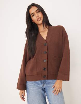 Asos Design Button Up Pocket Front Boyfriend Cardigan In Brown