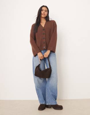 Asos Design Button Up Pocket Front Boyfriend Cardigan In Brown