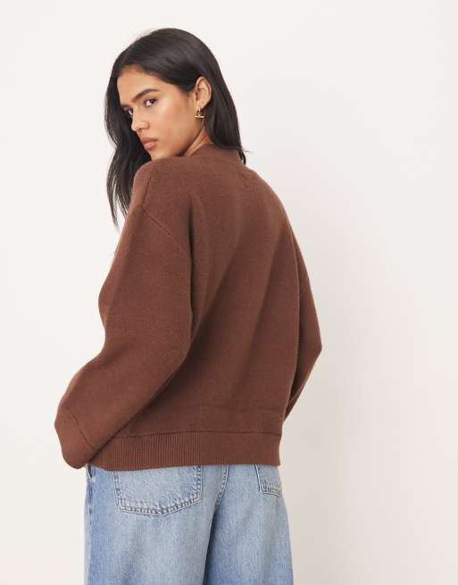 ASOS DESIGN button up pocket front boyfriend cardigan in chocolate