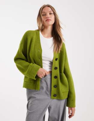 Asos Design Button Up Pocket Front Boyfriend Cardigan In Green