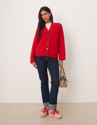 Asos Design Button Up Pocketed Front Boyfriend Cardigan In Red