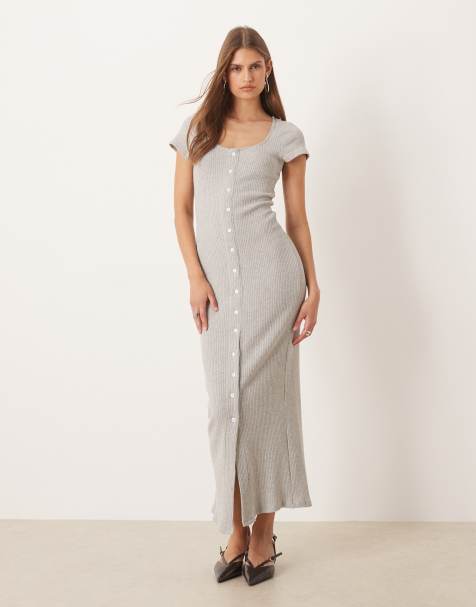 ASOS DESIGN button up ribbed dress in gray - view 1