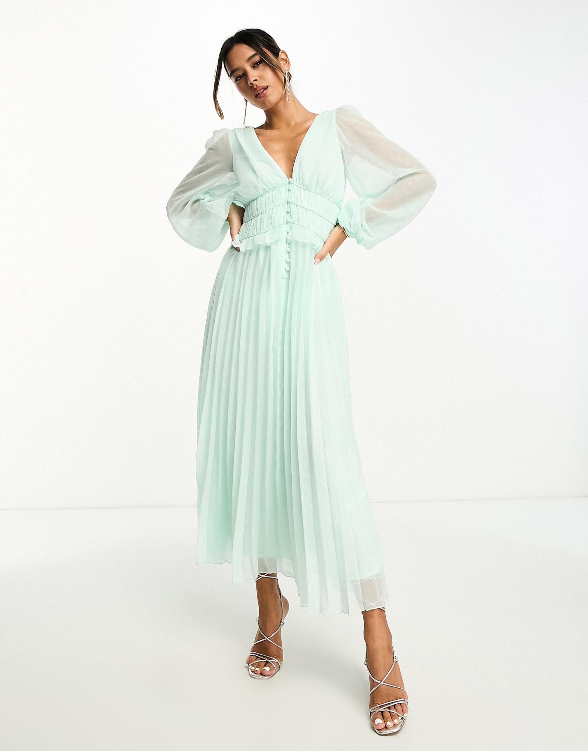 asos design button up ruched waist pleated midi dress in metallic texture in pale green