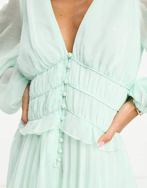 ASOS DESIGN button up ruched waist pleated midi dress in metallic texture in pale green, 3 of 4