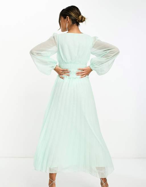 ASOS DESIGN button up ruched waist pleated midi dress in metallic texture in pale green, 4 of 4