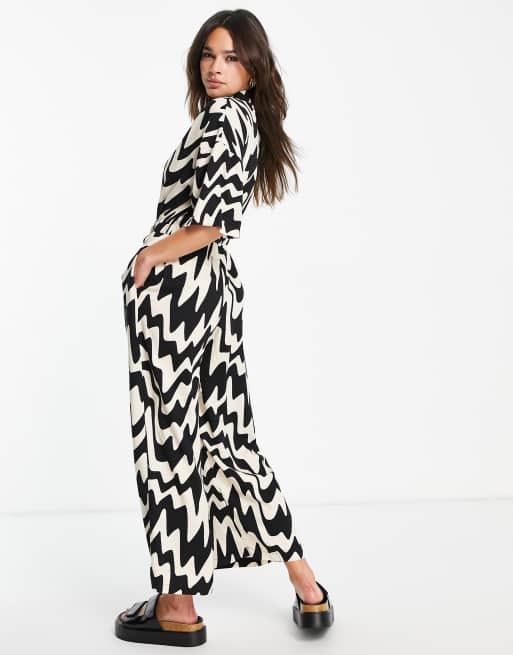 ASOS DESIGN button up shirt jumpsuit in mono abstract print , 2 of 4