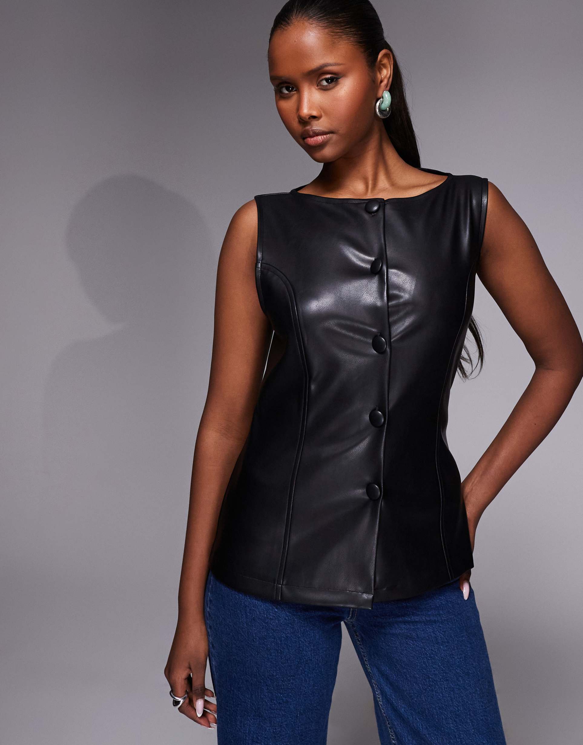asos design button up sleeveless pu top in black