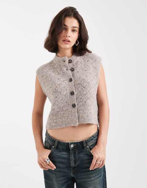 ASOS DESIGN button up stitch textured vest in mushroom - view 1