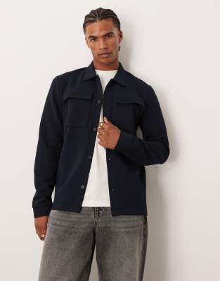Asos Design Button Up Textured Jersey Shacket In Blue
