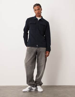 Asos Design Button Up Textured Jersey Shacket In Blue