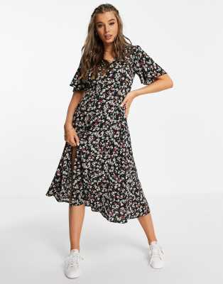 black floral midi dress with sleeves