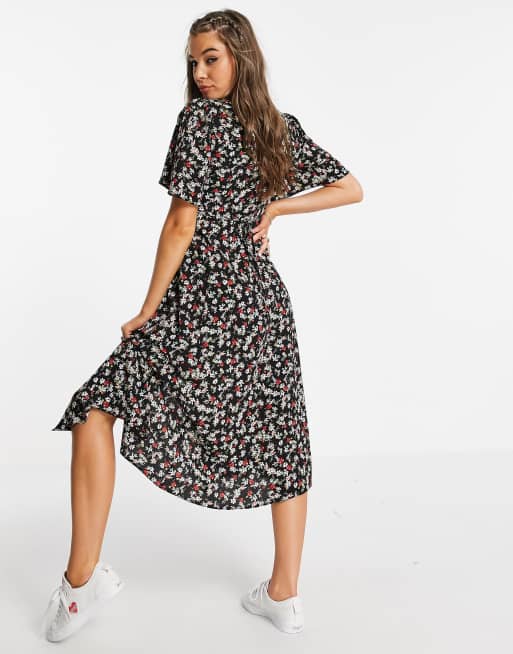 ASOS DESIGN button up tie back midi tea dress with angel sleeve in black floral print