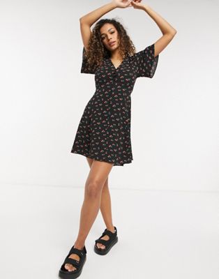 ASOS DESIGN button up tie back mini tea dress with angel sleeve in cherry print