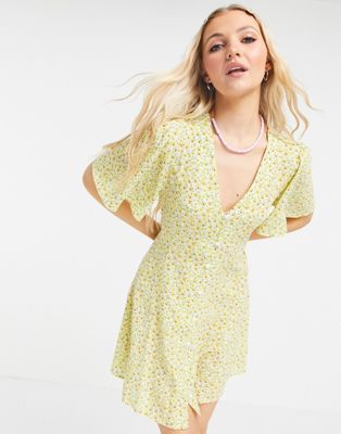 ASOS DESIGN button up tie back mini tea dress with angel sleeves in floral print
