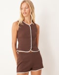 [ASOS DESIGN] ASOS DESIGN button-up top with contrast piping in brown (Part of a set) XS Brown and cream