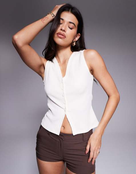 ASOS DESIGN button up v neck tank top in ivory - view 1