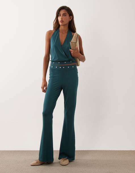 ASOS DESIGN byxa i modal med nitar och utsvängd benvidd i teal, set - view 1