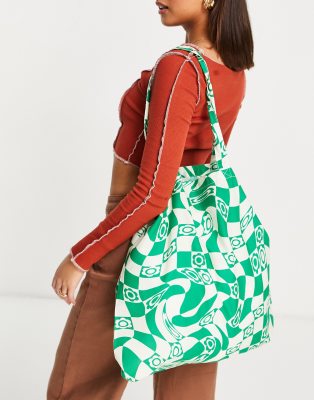 ASOS DESIGN - Cabas en coton biologique avec imprimé fleuri et damier style années 90 - Vert