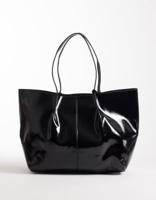 ASOS DESIGN - Cabas verni oversize avec pochette zippée - Noir