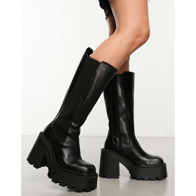 ASOS DESIGN Cabin premium leather heeled knee boots in black ASOS