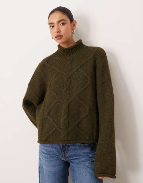 ASOS DESIGN cable boxy highneck jumper in olive - view 1