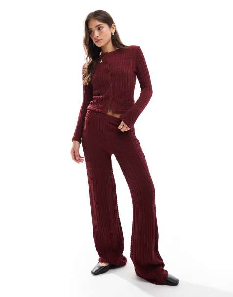 ASOS DESIGN cable button through top vest and trouser co ord in burgundy - view 1