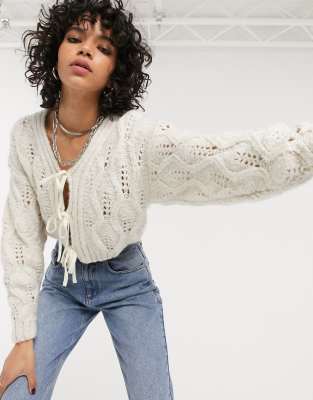 ASOS DESIGN cable cardi with tie front detail-Blue