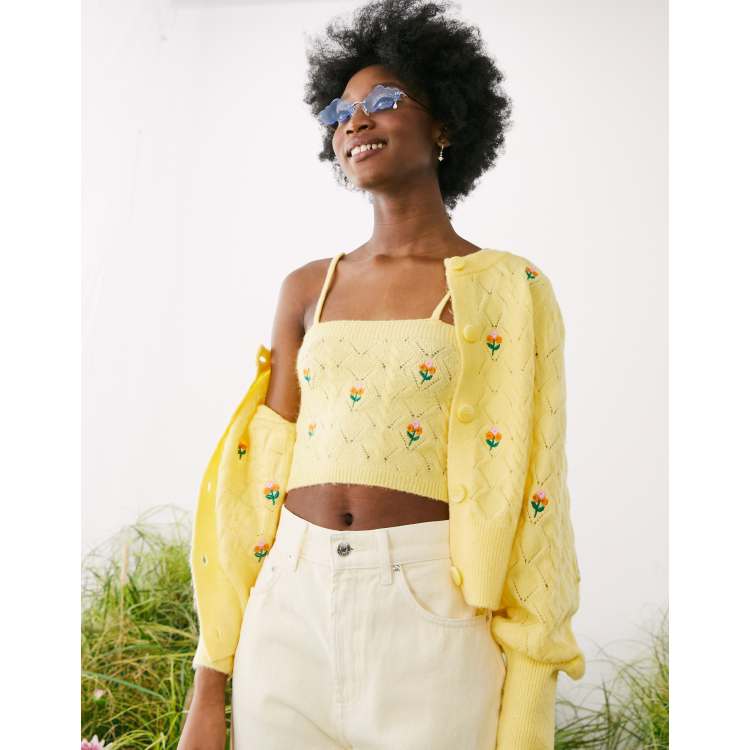 ASOS DESIGN cable cardigan with embroidered flowers in yellow - part of a  set