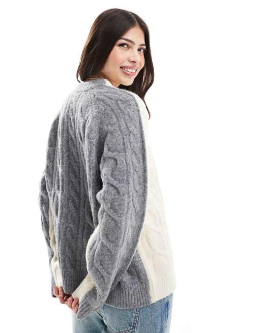 ASOS DESIGN cable color block sweater in cream and charcoal