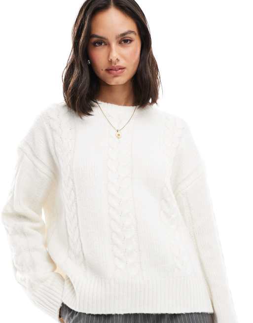 ASOS DESIGN cable crew neck jumper in cream ASOS