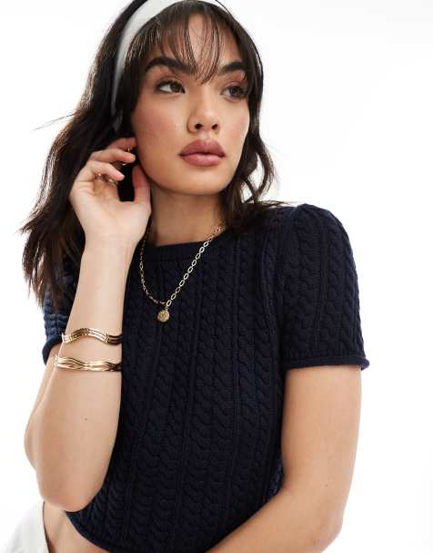 ASOS DESIGN cable knit baby tee in navy - view 1