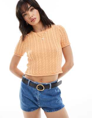 Asos Design Cable Knit Baby Tee In Peach-orange