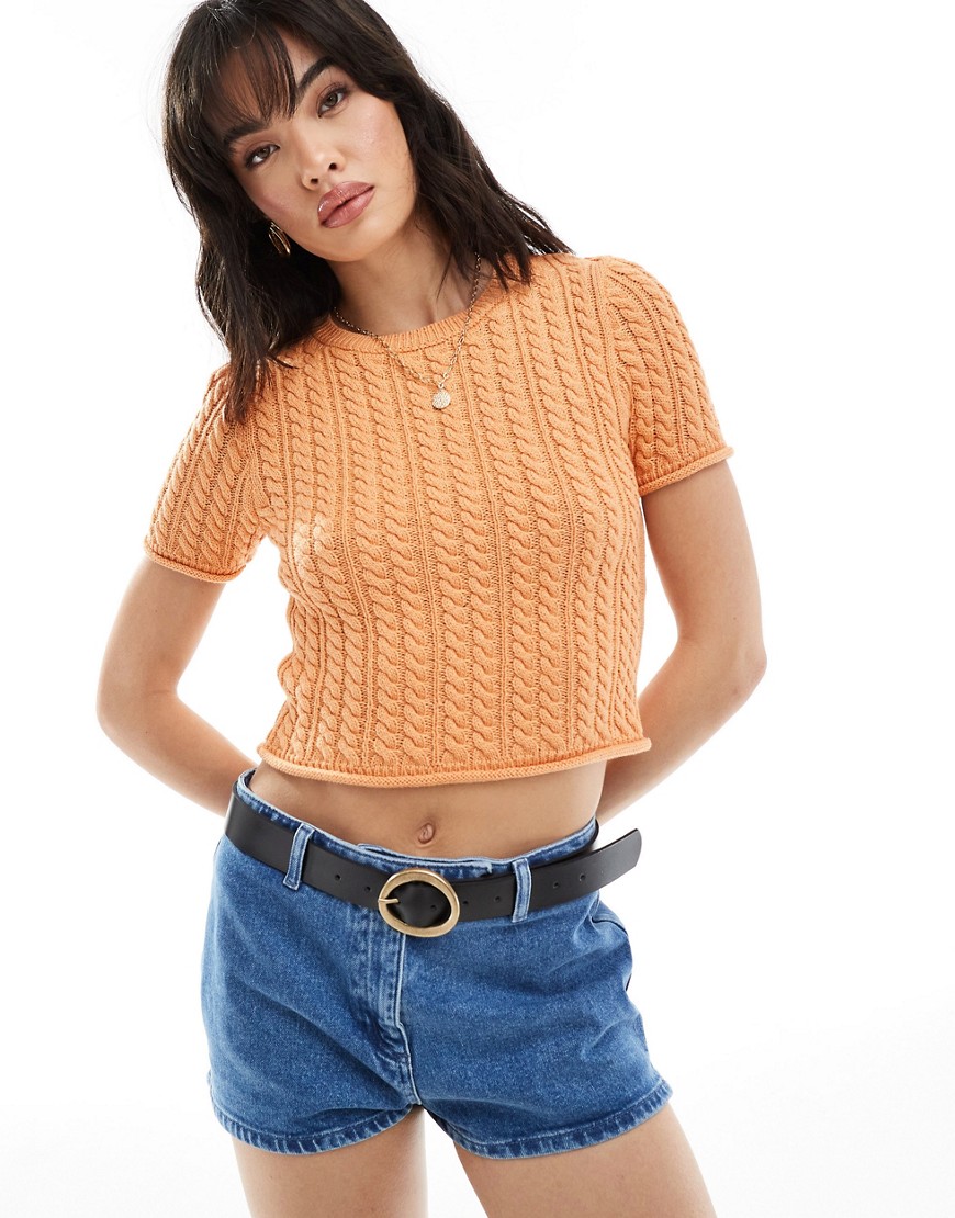 Asos Design Cable Knit Baby Tee In Peach-orange