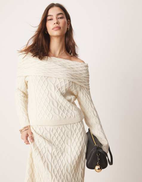 ASOS DESIGN cable knit bardot jumper in cream (part of a set) - view 1